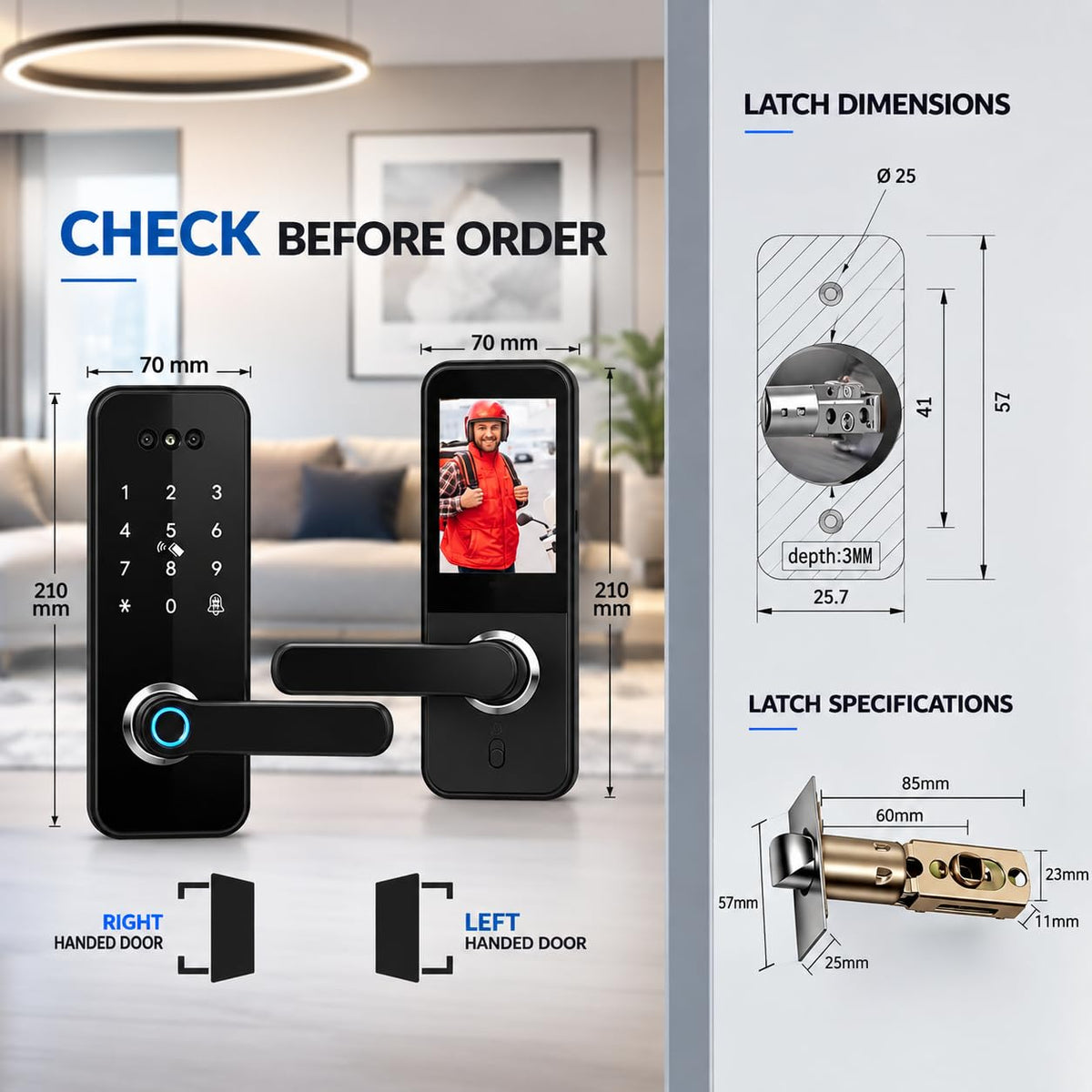 3D Face Recognition Smart Door Lock with HD Camera: Keyless Entry, Fingerprint, Passcode, IC Card, Key, Tuya App, Doorbell, Auto-Lock Deadbolt for Front Door, DIY Installation