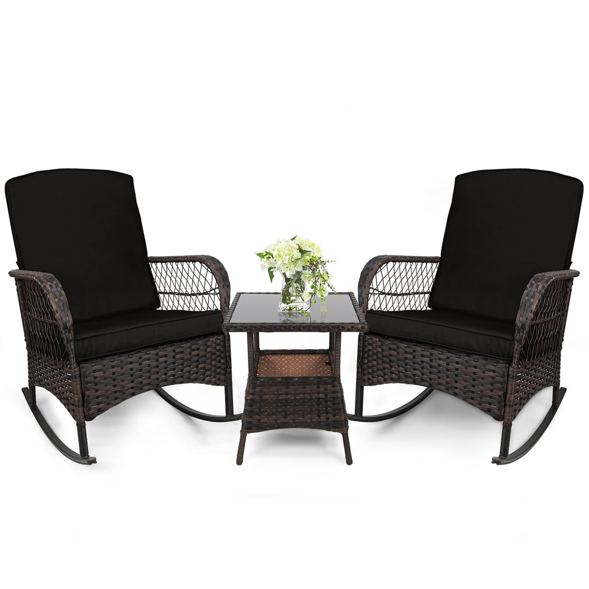 3 pcs Rocking Bistro Set Conversation Chairs PE Wicker Outdoor Rocking Chairs & Glass Table,for Porch Lawn Garden Backyard Deck(Rocking Set,Khaki)