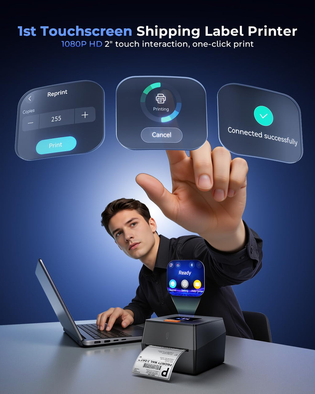 Phomemo Shipping Label Printer with Touchable Screen & 750Pcs Labels