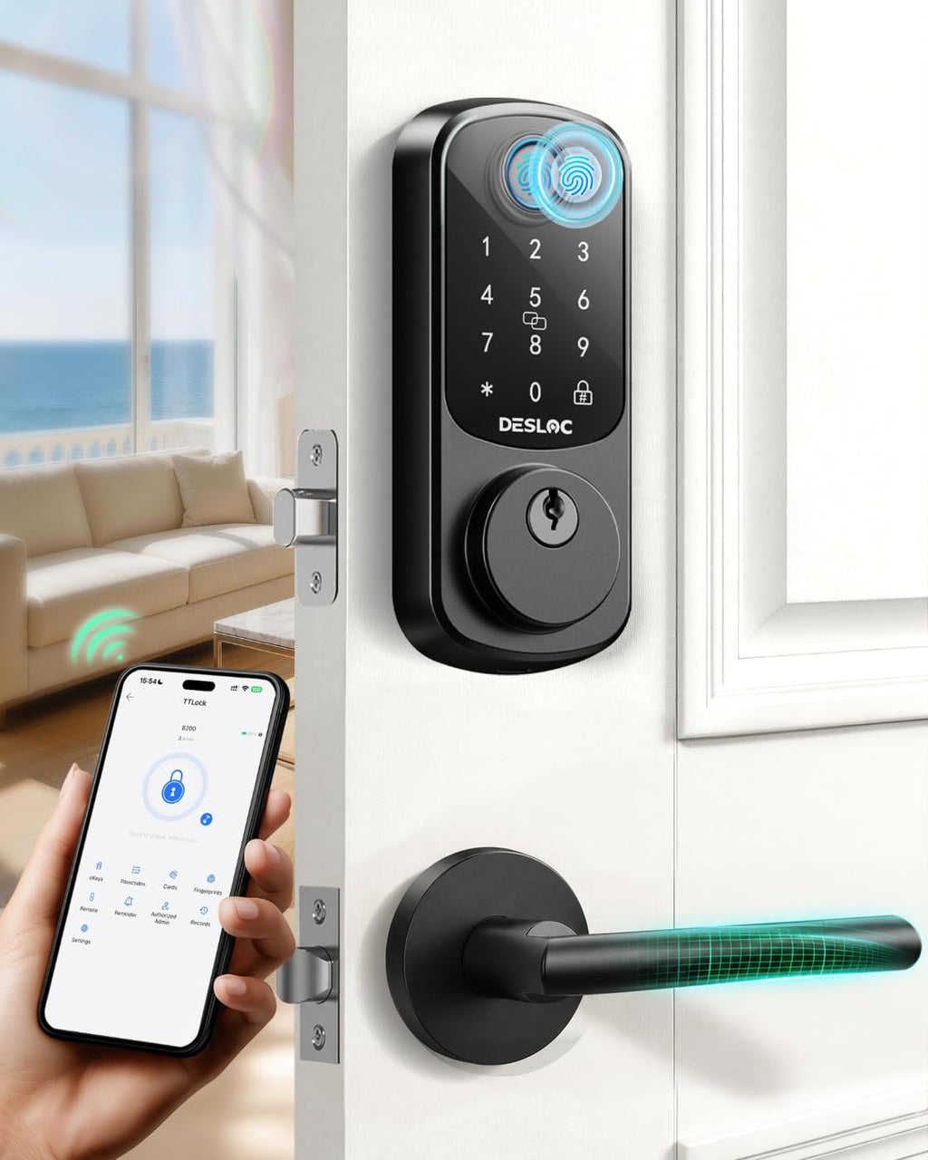 DESLOC B200 Smart Front Door Lock Handle Set, Fingerprint & App Control