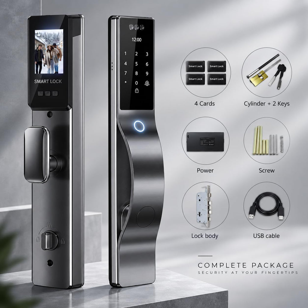Smart Door Lock with Camera: 3D Face Recognition, Keyless Door Lock with Biometric Fingerprint, Passcode, IC Card, Mechanical Key, Doorbell, Video Intercom, WiShome App, Auto-Lock, Front Door Lock