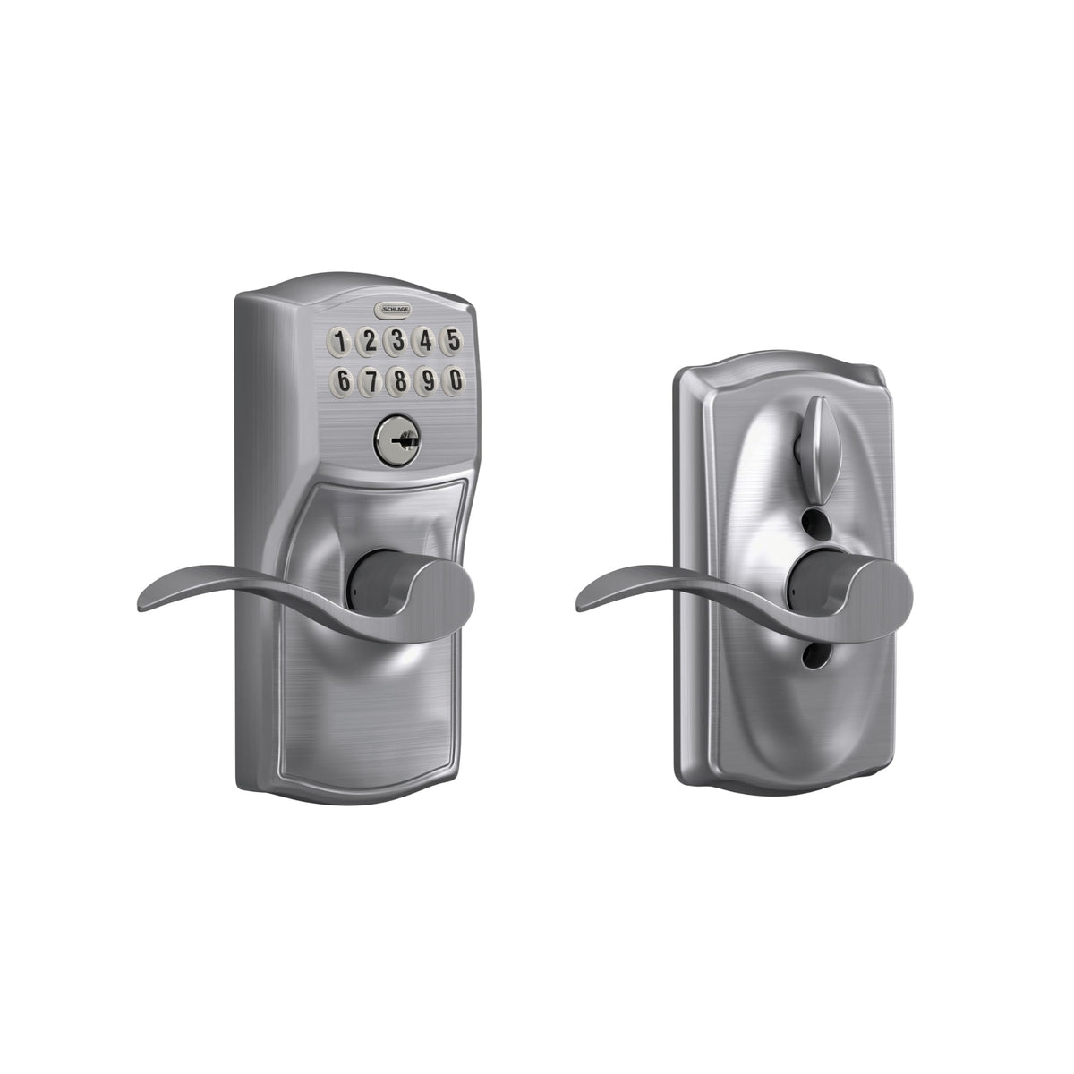Schlage Electronic Keypad Lock, Lever Handle, Camelot Trim, Satin Chrome