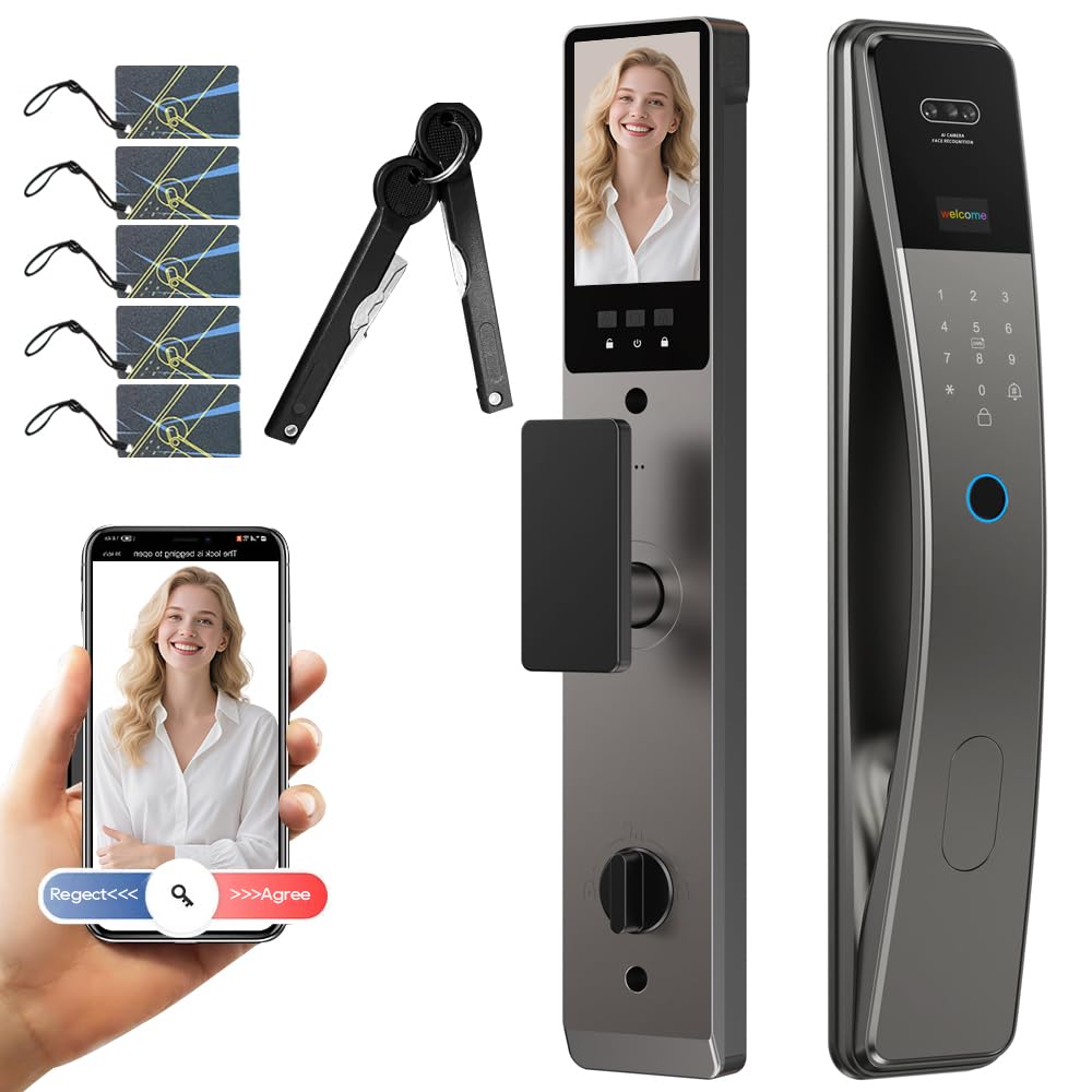 3D Face Recognition Smart Door Lock with Camera & Doorbell, Keyless Biometric Fingerprint, Face, Passcode, IC Card, Mechanical Key, AutoLock, Compatible with Tuya App,Smart Home Front Door Security