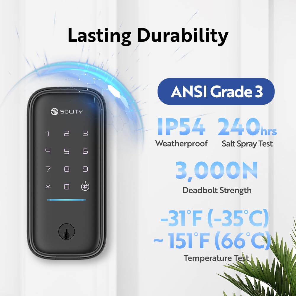 GT5K Smart Lock – Keyless Entry Door Lock with App, Keypad, and Mechanical Key – Wi-Fi Enabled, ANSI Grade 3, Alexa & SmartThings Compatible – SOLITY (Black)