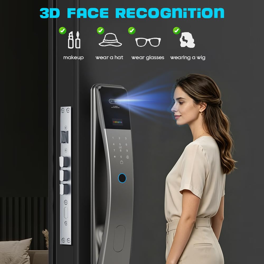 3D Face Recognition Smart Door Lock with Camera & Doorbell, Keyless Biometric Fingerprint, Face, Passcode, IC Card, Mechanical Key, AutoLock, Compatible with Tuya App,Smart Home Front Door Security