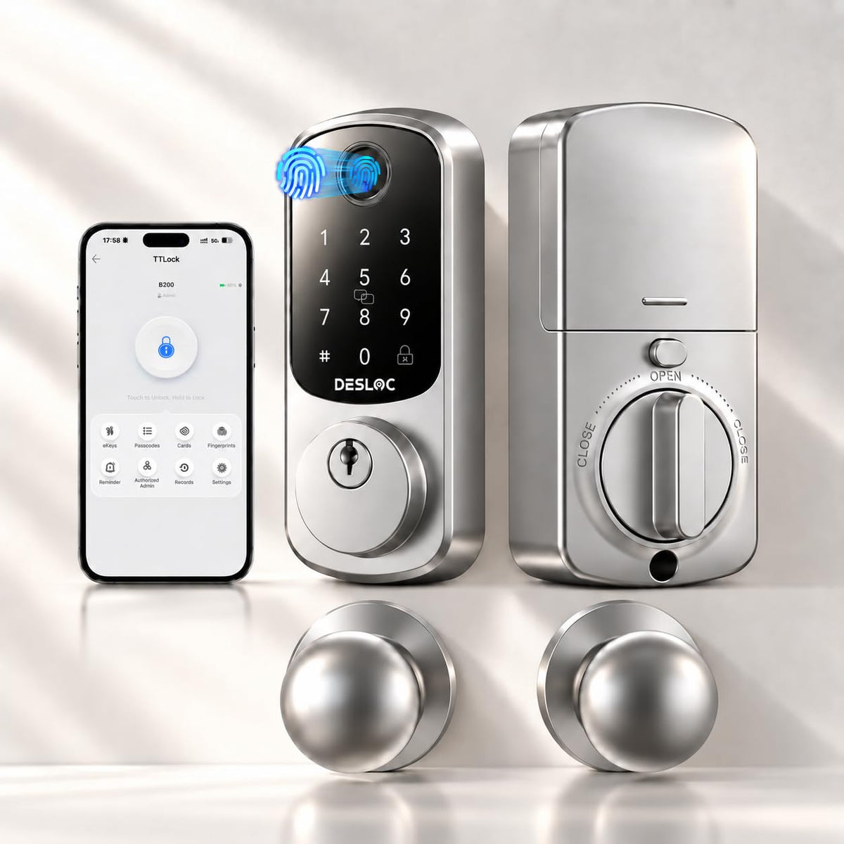 DESLOC B200 Smart Front Door Lock Handle Set, Fingerprint & App Control