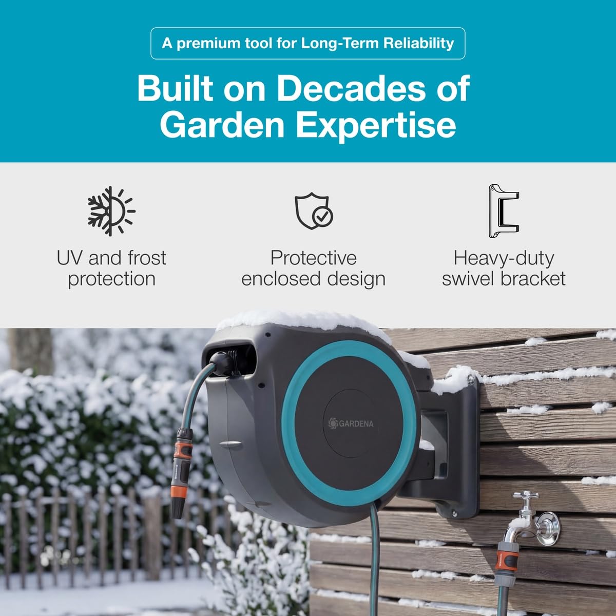 GARDENA Retractable Garden Hose Reel - 115 Feet - Auto Retract Hose Reel with 180° Swivel Wall Mount - Heavy Duty - Integrated Spray Nozzle - 18630