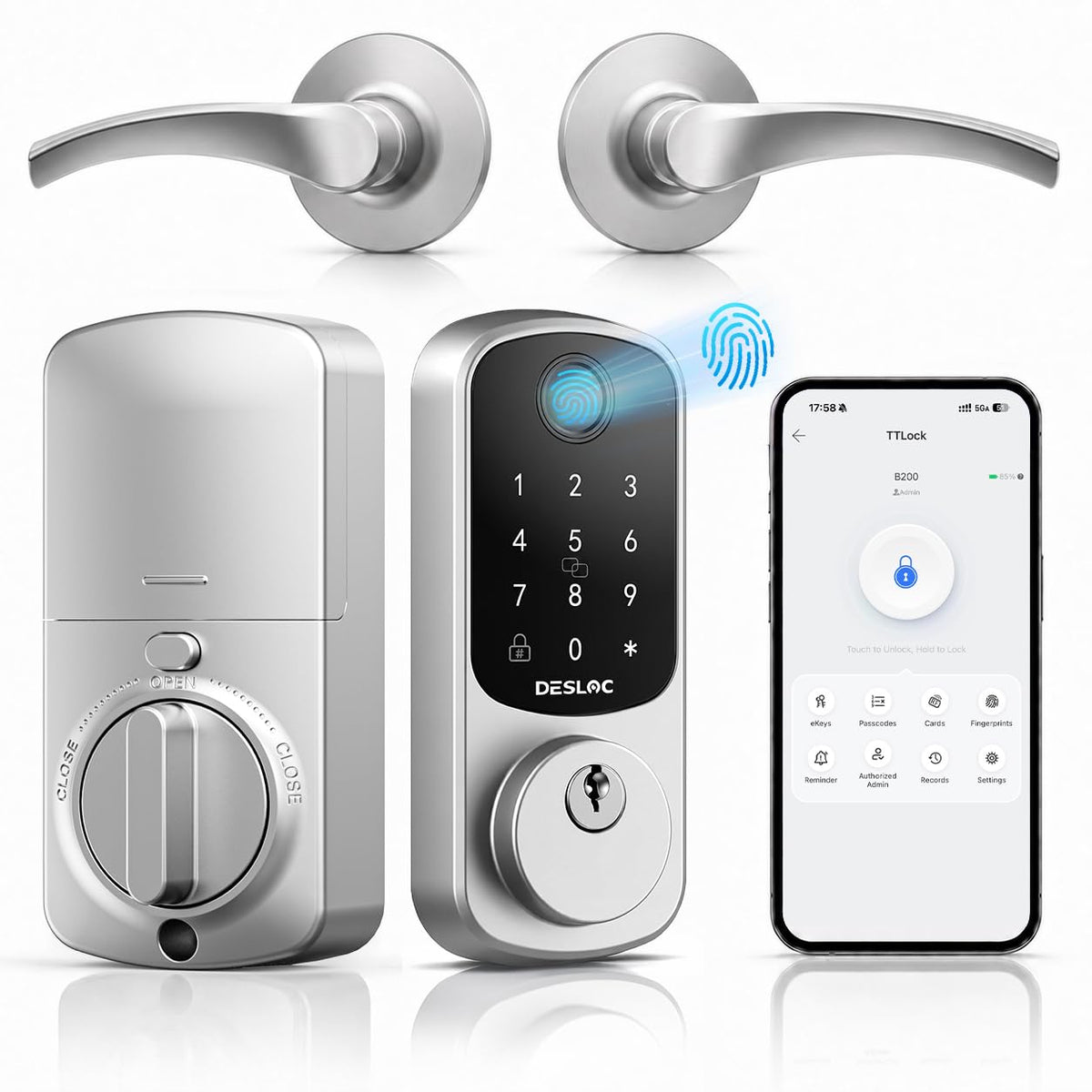 DESLOC B200 Smart Front Door Lock Handle Set, Fingerprint & App Control