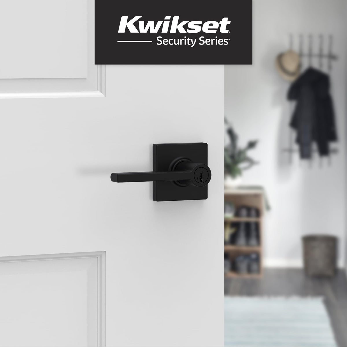 Kwikset Casey Entry Door Handle with Lock and Key, Secure Keyed Reversible Lever Exterior, for Front Entrance and Bedrooms, Matte Black, 4 Pack, Pick Resistant SmartKey Rekey Security and Microban