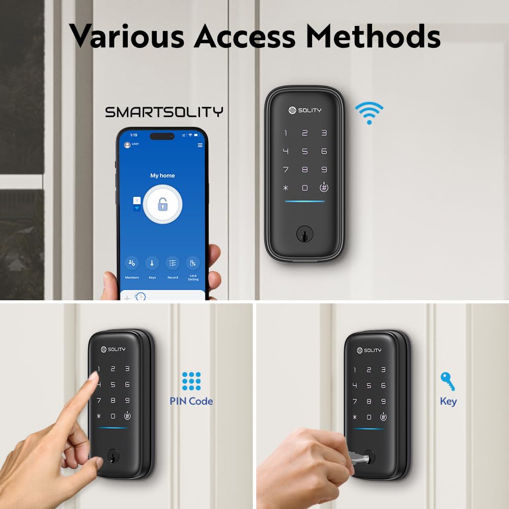 GT5K Smart Lock – Keyless Entry Door Lock with App, Keypad, and Mechanical Key – Wi-Fi Enabled, ANSI Grade 3, Alexa & SmartThings Compatible – SOLITY (Black)