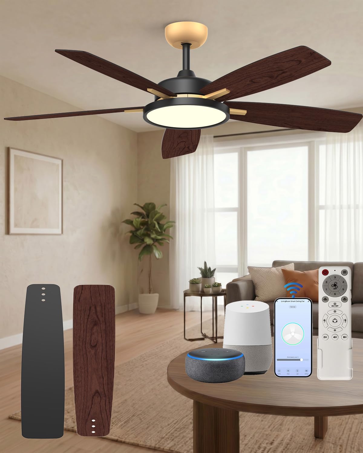 Roomratv Smart Ceiling Fan Compatible with App/Alexa/Google home,Black