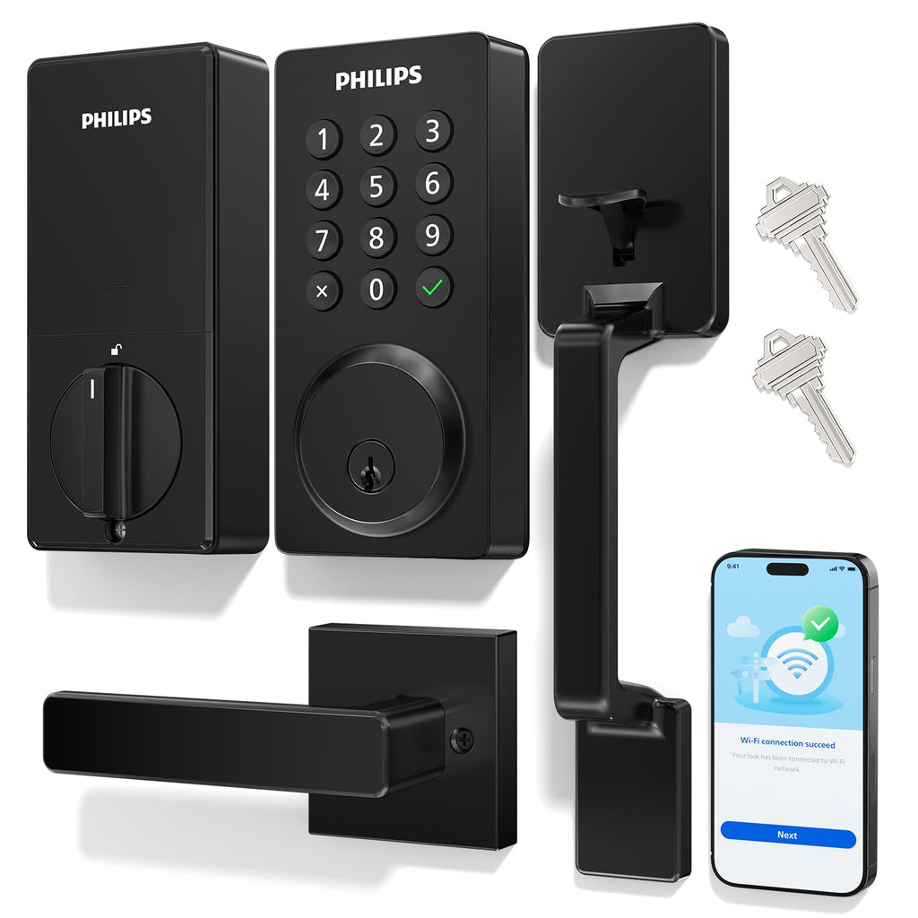 Philips Wi-Fi Smart Front Door Lock Set, Keyless Entry Door Lock with Handle, App Remote Control, Electronic Keypad Deadbolt, Auto Lock, Supports Alexa & Google, Anti-Peeping Password, Easy Install