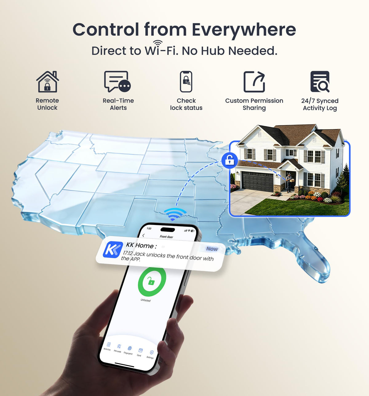 Veise VE029-E WiFi Smart Lever Lock with Non-Keyed Deadbolt, Satin Nickel
