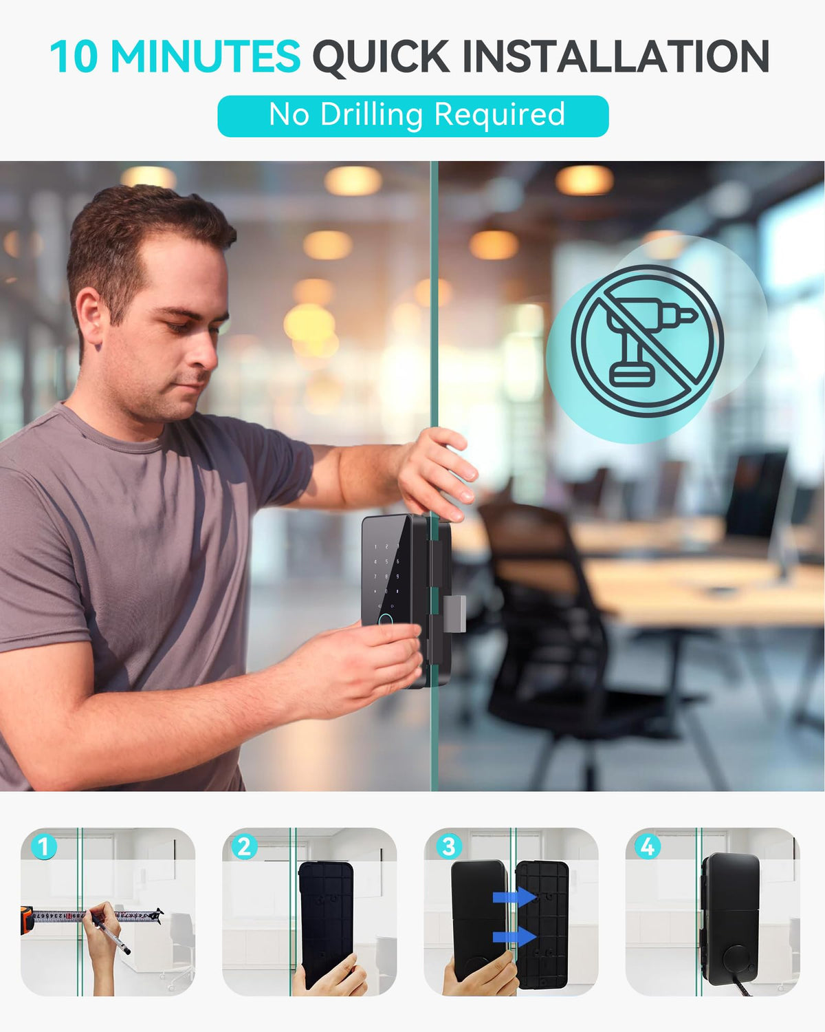 Upgrade Smart Glass Door Locks for Frameless Glass Doors–Keyless Entry Deadbolts with WiFi App Control,Fingerprint,IC Card,Voice Menu and No-Drill Installation,Office Home Business