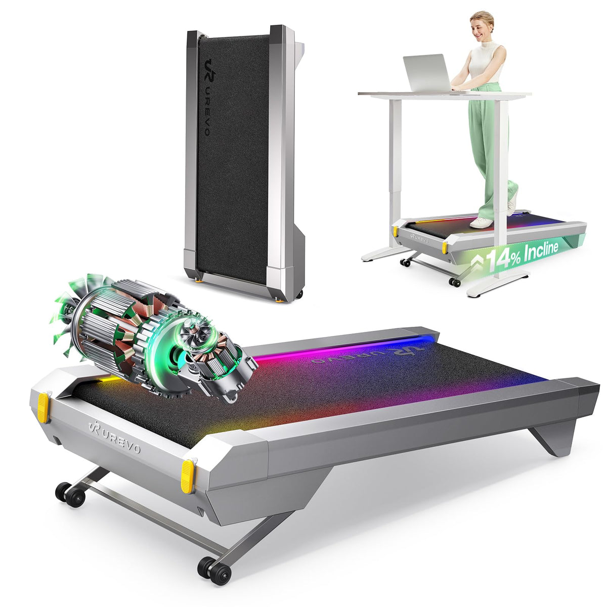 UREVO CyberPad Smart Walking Pad with 14% Auto Incline, Brushless Motorized Under Desk Treadmill for Home Office Fitness, Elegant Speed Lights, Spacious Surface, Digital Controller, AI-Powered App