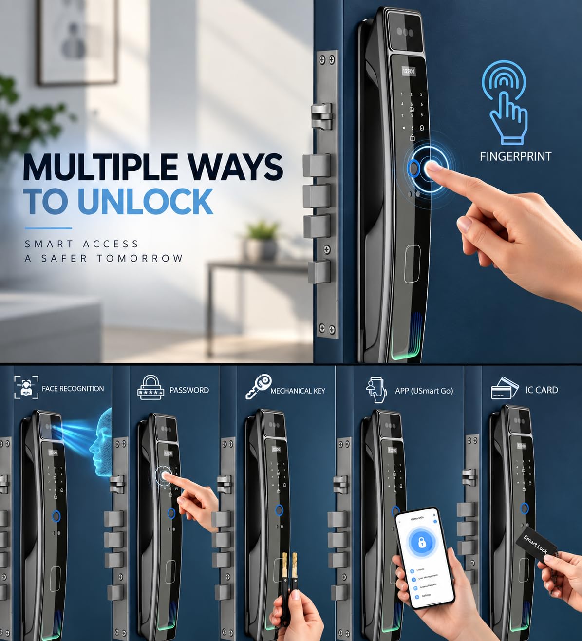 Smart Door Lock with Camera & 3D Face Recognition, Keyless Entry Door Lock with Fingerprint, Password, IC Card, App Control & Doorbell, Secure Mortise Lock for Front Door (Usmart App)