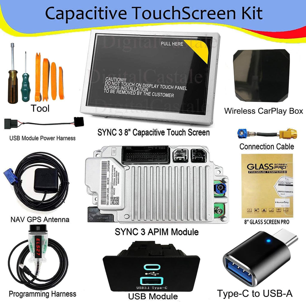 SYNC 2 to SYNC 3 Upgrade Kits for Focus, Wireless Carplay SYNC 3.4 Interface Module 8-Inch Capacitive Touch Screen APIM Module, GPS Navigation Antenna