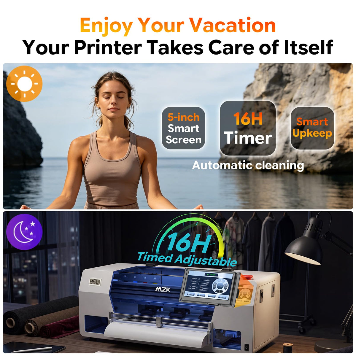 MZK 14'' A3 DTF Printer F1080 Printhead with Auto Maintenance– Ready to Run Out of Box,2X-Speed vs L1800,One-Click Print-to-Bake,White Ink Circulation,Printhead Anti-Clog Design,2-Year Free Ink