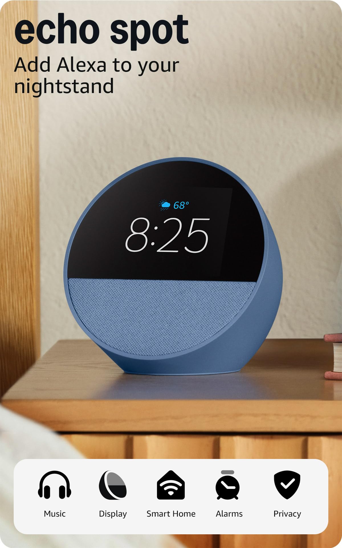 Amazon Echo Spot, Great for nightstands, offices and kitchens, Smart alarm clock, Designed for Alexa+, Black
