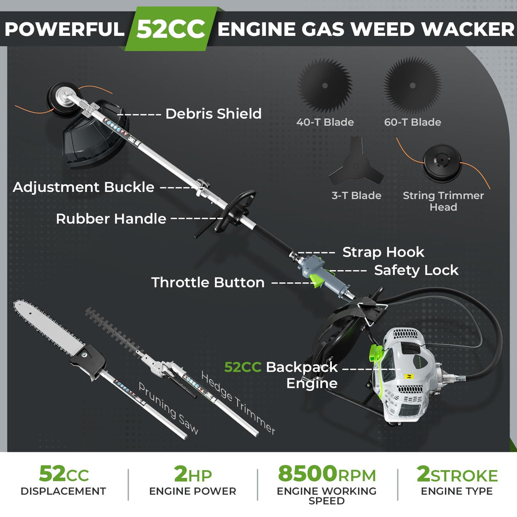 52CC 6-in-1 Weed Wacker Gas Powered Backpack Weed Eater
