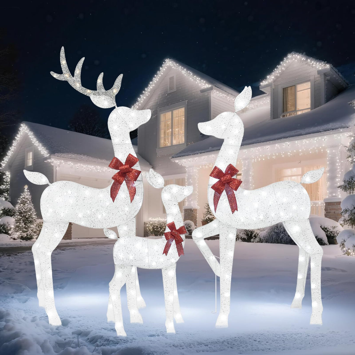 5 FT Oversized Christmas Decorations Outdoor Lighted Reindeer – 3-Piece 2D Deer Family Set with 160 Warm White LED Lights for Yard, Lawn, Garden & Porch Holiday Display - White