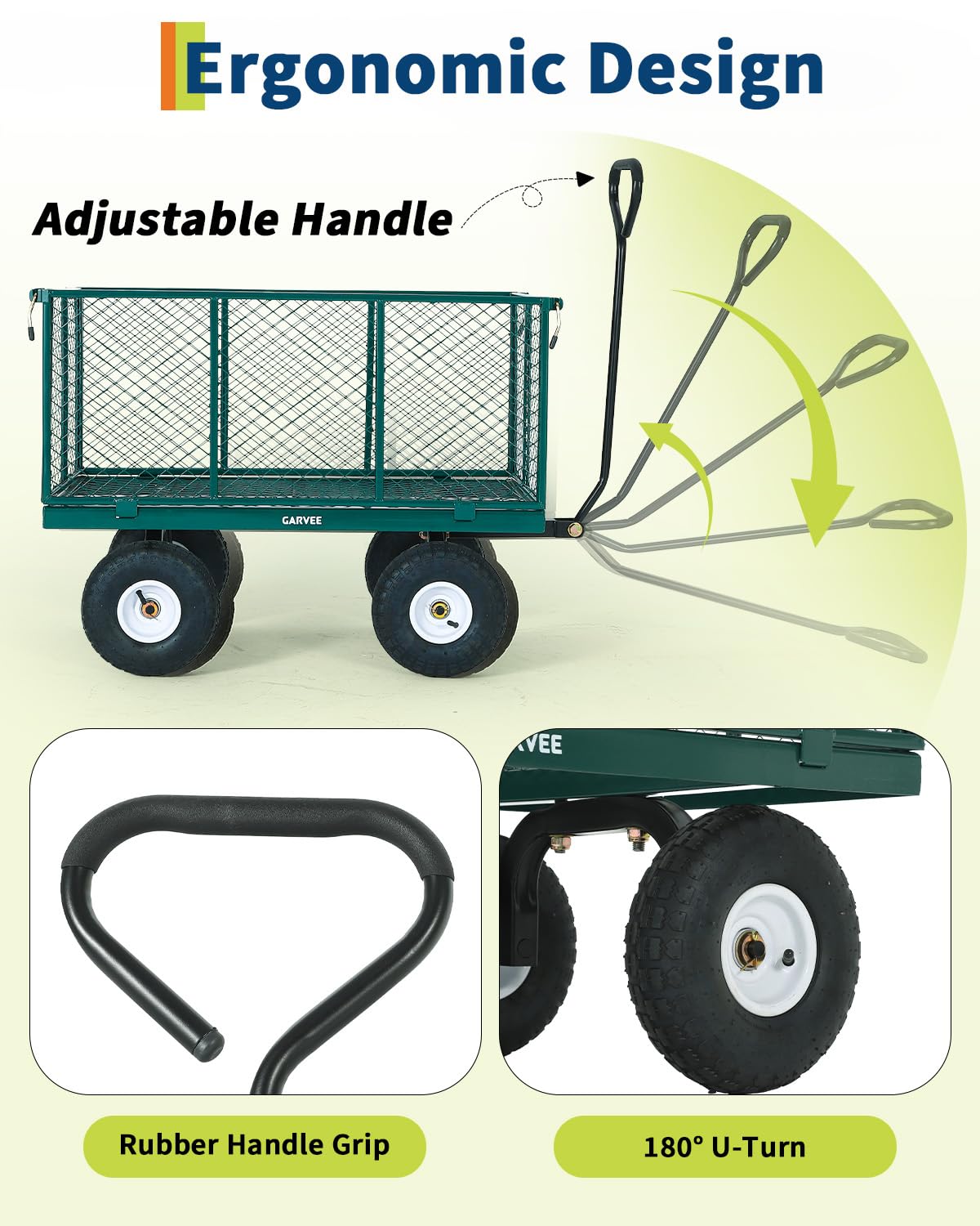 800 Lbs Steel Garden Cart, Utility Wagon with Removable Mesh Sides-Green