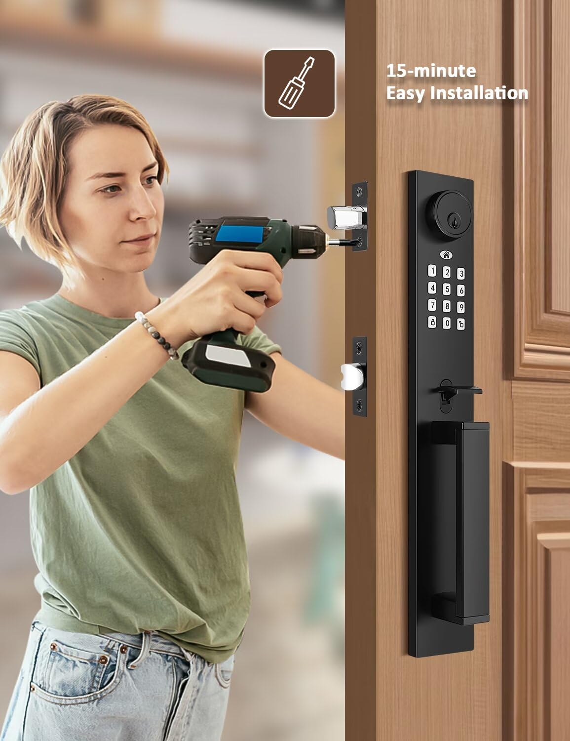 Keyless Entry Door Lock with Lever, Full Escutcheon Smart Door Handle, Digital Keypad Deadbolt with App, Front Door Handleset with Single Cylinder Deadbolt and Lever, Auto Locking, Black Finish