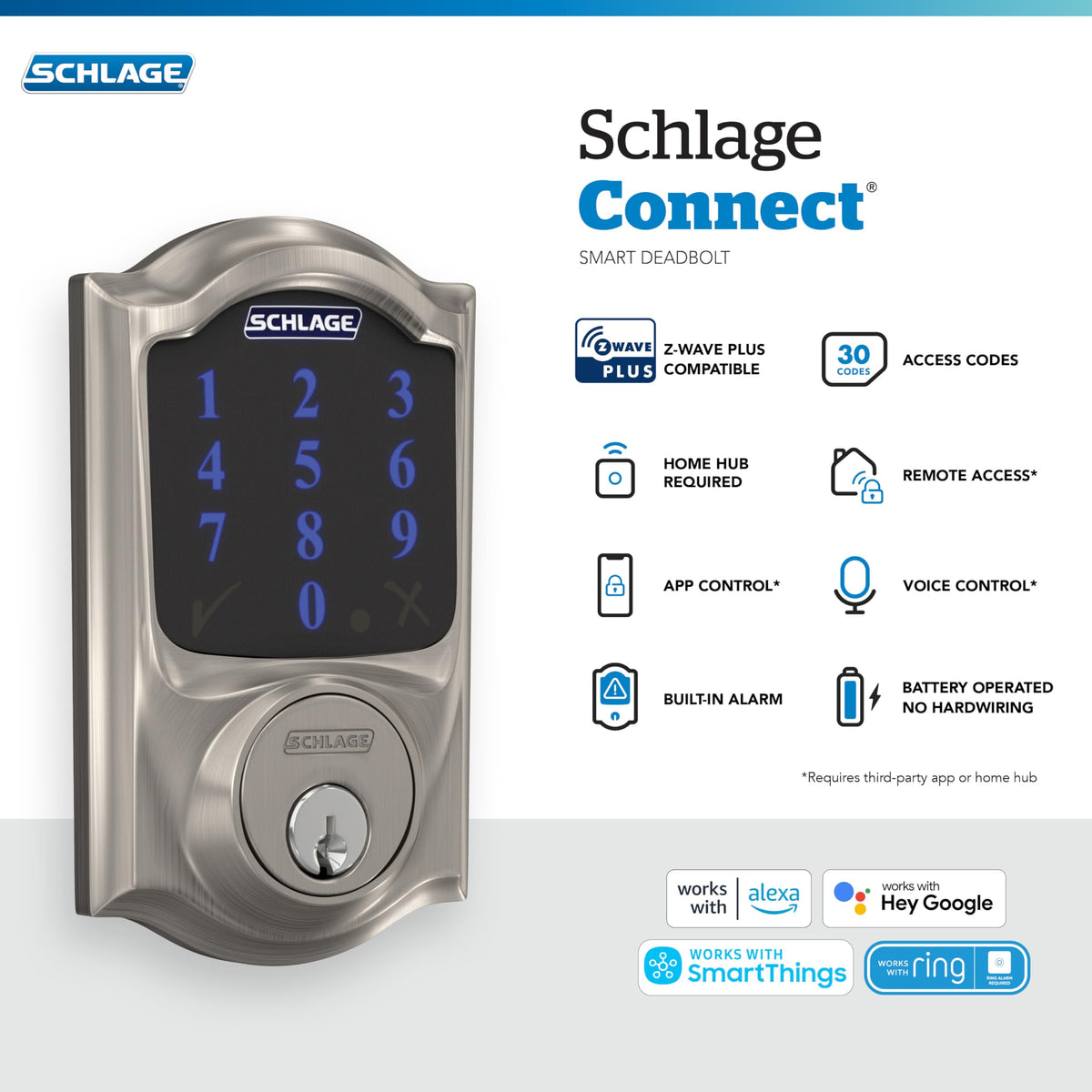 Schlage Connect Smart Deadbolt Lock with Camelot Trim, Satin Nickel