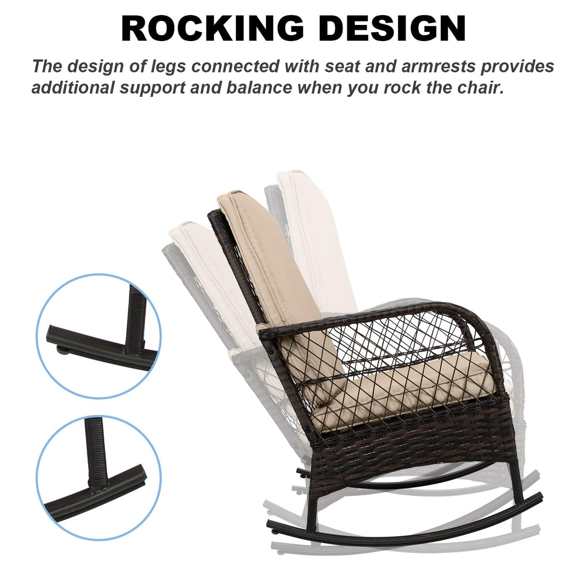3 pcs Rocking Bistro Set Conversation Chairs PE Wicker Outdoor Rocking Chairs & Glass Table,for Porch Lawn Garden Backyard Deck(Rocking Set,Khaki)