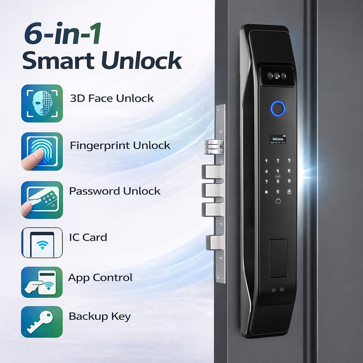 3D Face Recognition Smart Door Lock with Video Intercom, Tuya App Remote Access, Biometric Fingerprint & Palm Print Unlock, Heavy Duty Aluminum Mortise Lock for Home & Office (Black)