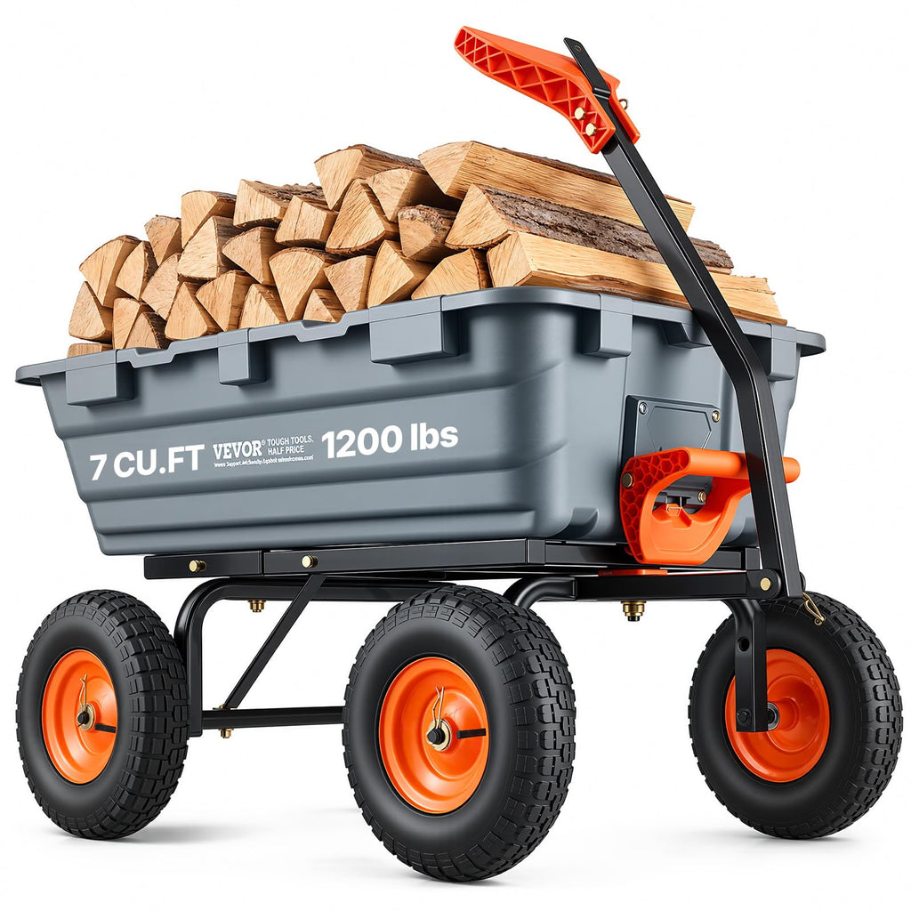 VEVOR 1500lbs Poly Garden Dump Cart Wheelbarrow Wagon with 2 in 1 Convertible Handle, Heavy Duty Yard Cart Wagon for with 13in All Terrain Wheels, Dump Trailer Tow Behind for Lawn Mower Tractor