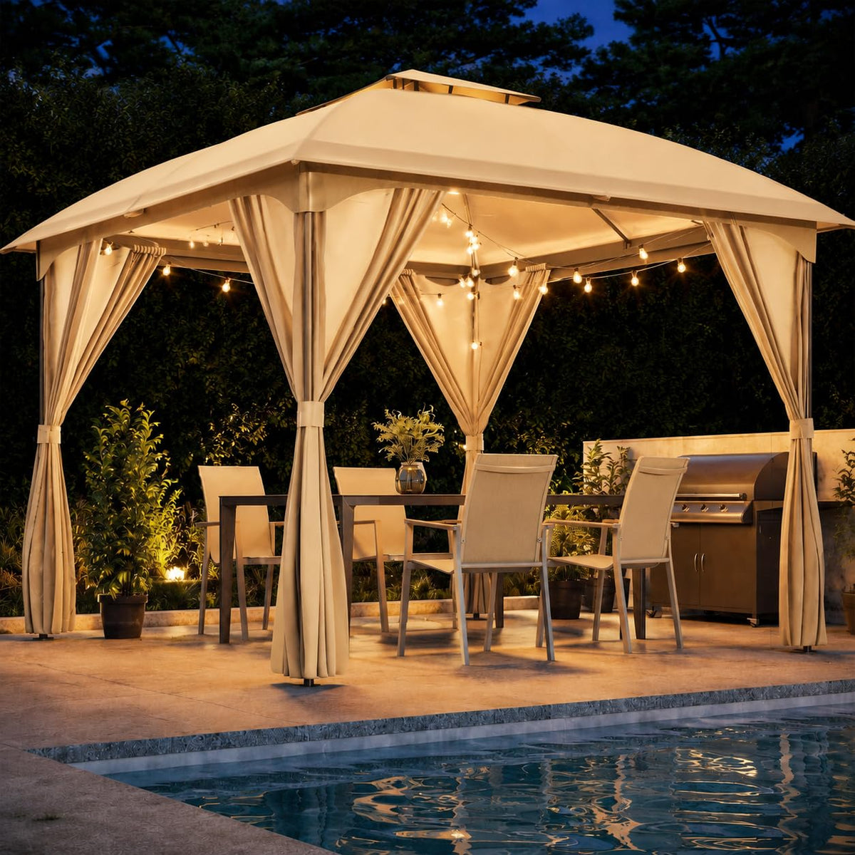 10x10 Arc Gazebo Canopy with Curtains & Double Roof