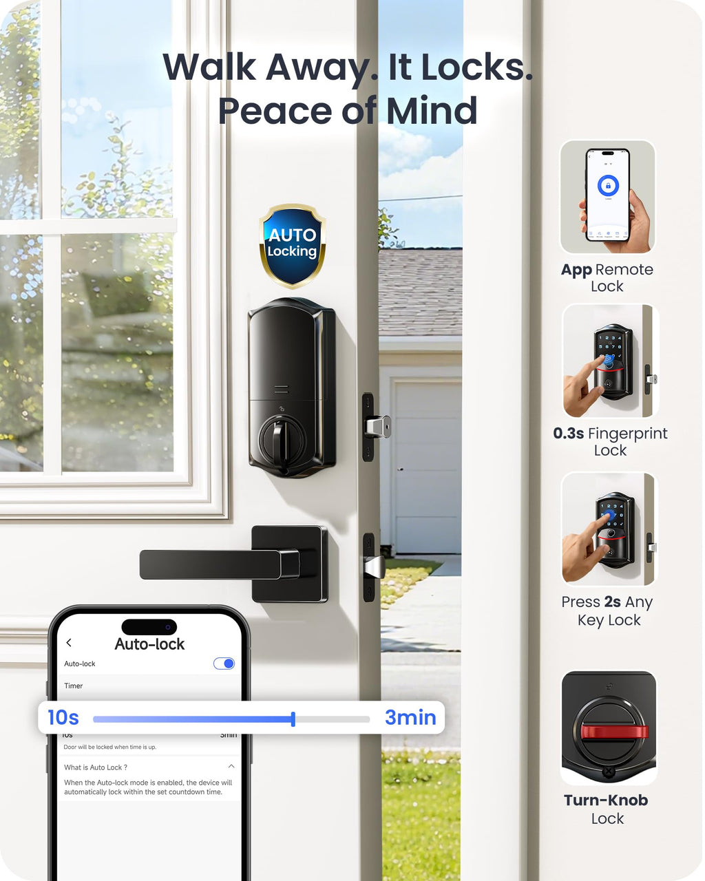 Veise VE027-H Wi-Fi Smart Lock for Front Door with Handle Set, Matte Black