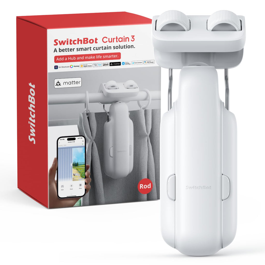 SwitchBot 2025 Automatic Curtain Opener 3 Rod-Bluetooth Remote Control, WiFi&APP Control, Upgraded High-Performance, Add Hub to Work with Alexa, Google Home, HomeKit via Matter(2025 Curtain Opener*2)