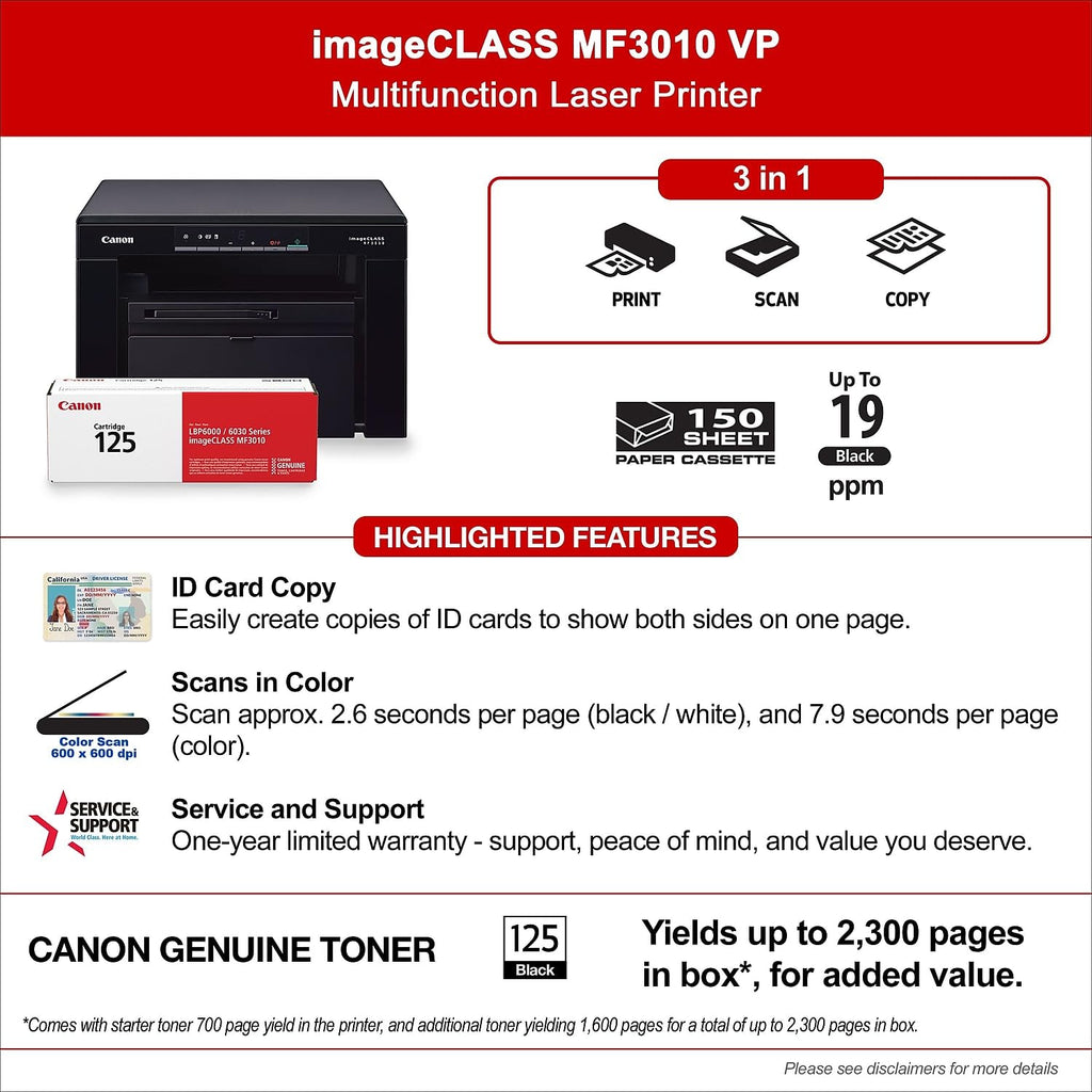 Canon imageCLASS MF3010 VP - Wired Monochrome Multifunction Laser Printer with Scanner, Copier, USB Cable Included, Up To 2,300 Page Toner Yield in Box, 19 PPM, Black