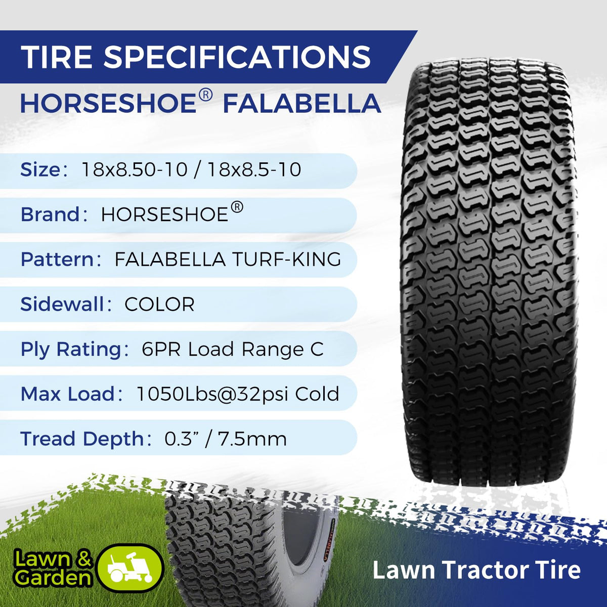 HORSESHOE FALABELLA 2 New 18x8.50-10 / 18x8.5-10 TURF-KING LAWN MOWER TIRES