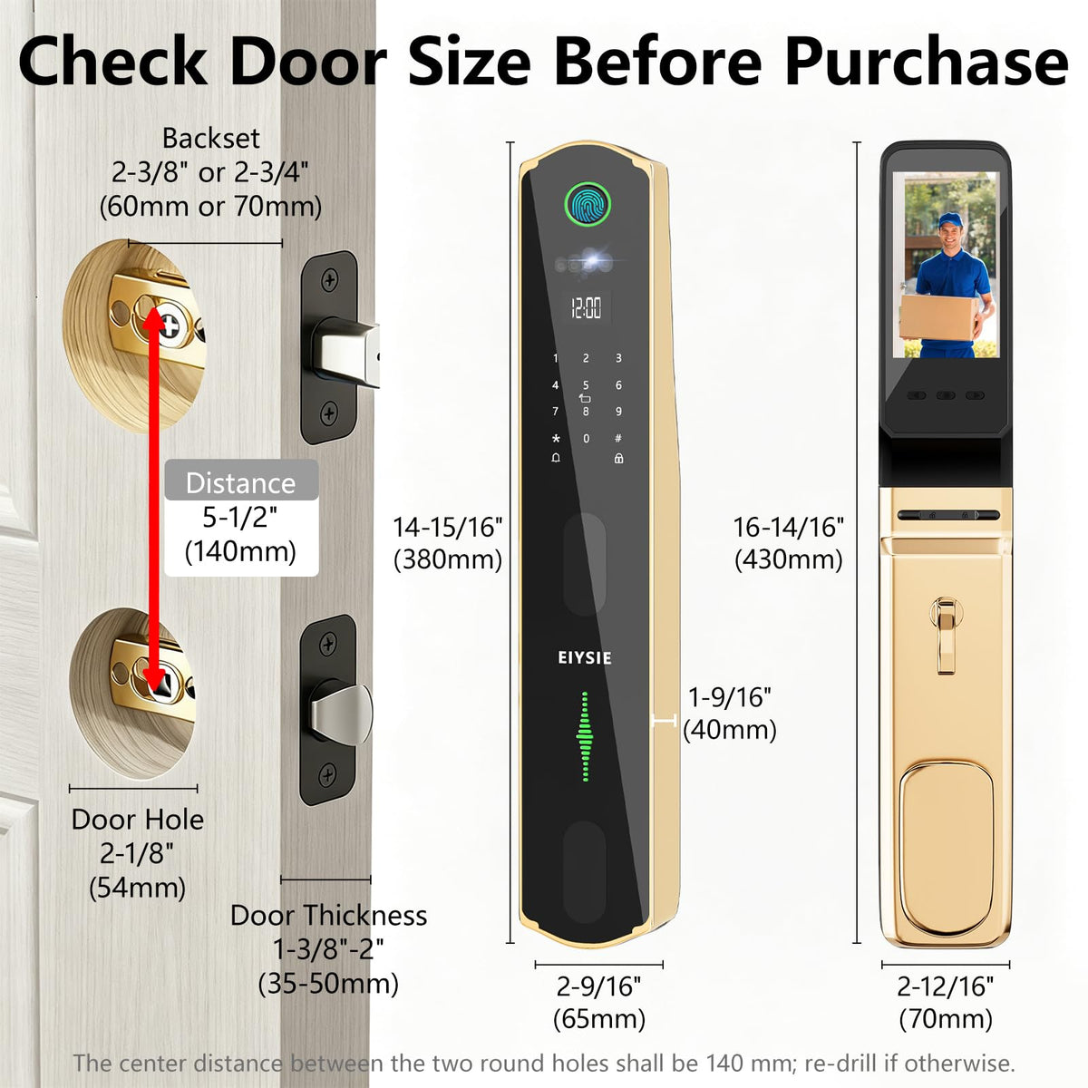 EIYSIE WiFi Front Door Lock, Smart Deadbolt with Camera & Doorbell, Gold