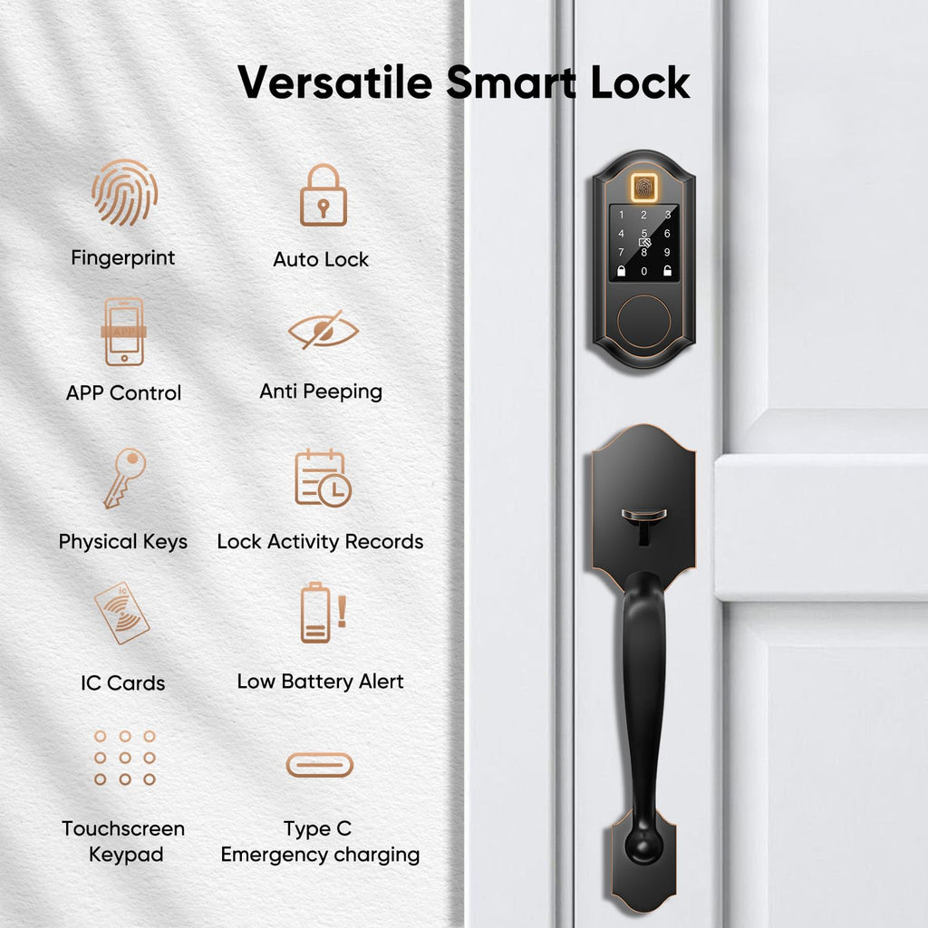 Fingerprint Smart Front Door Lock Set, Keyless Entry Door Lock with Handle, Smart Door Locks, Front Door Handle with Keypad and Deadbolt, Touchscreen, APP Control, Oil Rubbed Bronze