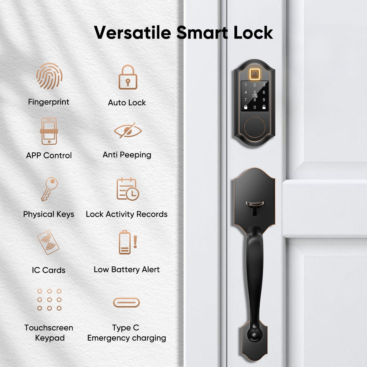 Fingerprint Smart Front Door Lock Set, Keyless Entry Door Lock with Handle, Smart Door Locks, Front Door Handle with Keypad and Deadbolt, Touchscreen, APP Control, Oil Rubbed Bronze