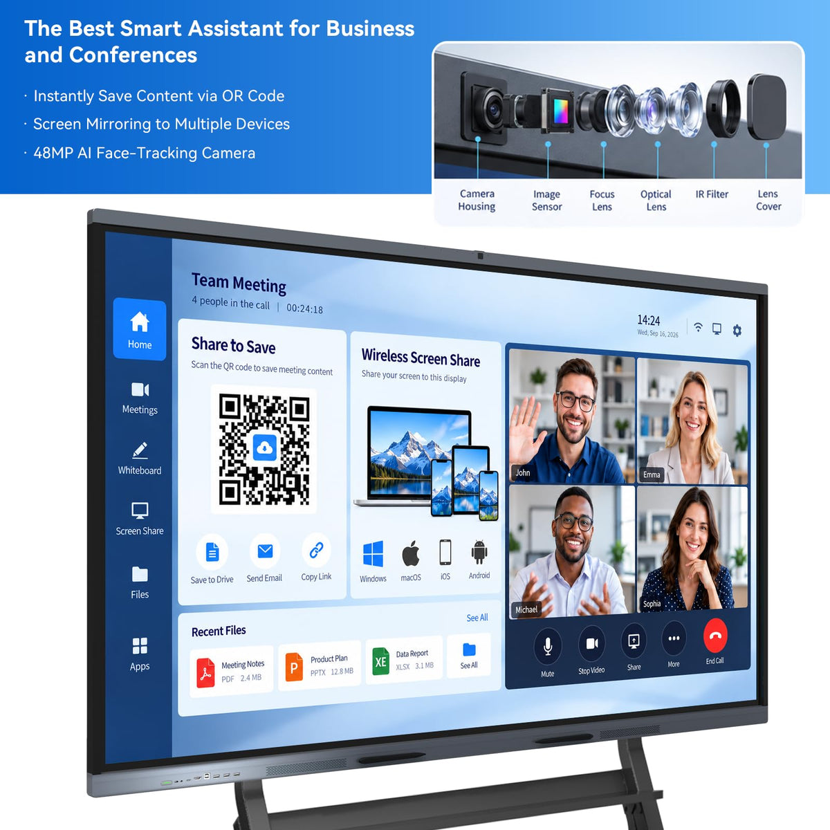 75" AI Pro Smart Board for Classroom & Office, Android 16 & Win 11 16G RAM+256G ROM, 48MP Camera Build in 4K UHD Interactive Whiteboard with Touchscreen & 8 Mic Array,Electronic Whiteboard for Meeting