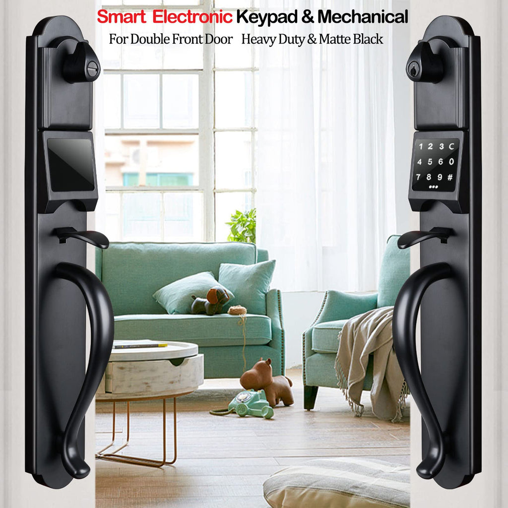 Keypad Deadbolt and Dummy for Double Front Door, Heavy Duty and Matte Black Finish, USMDHST2018DB-E-SET