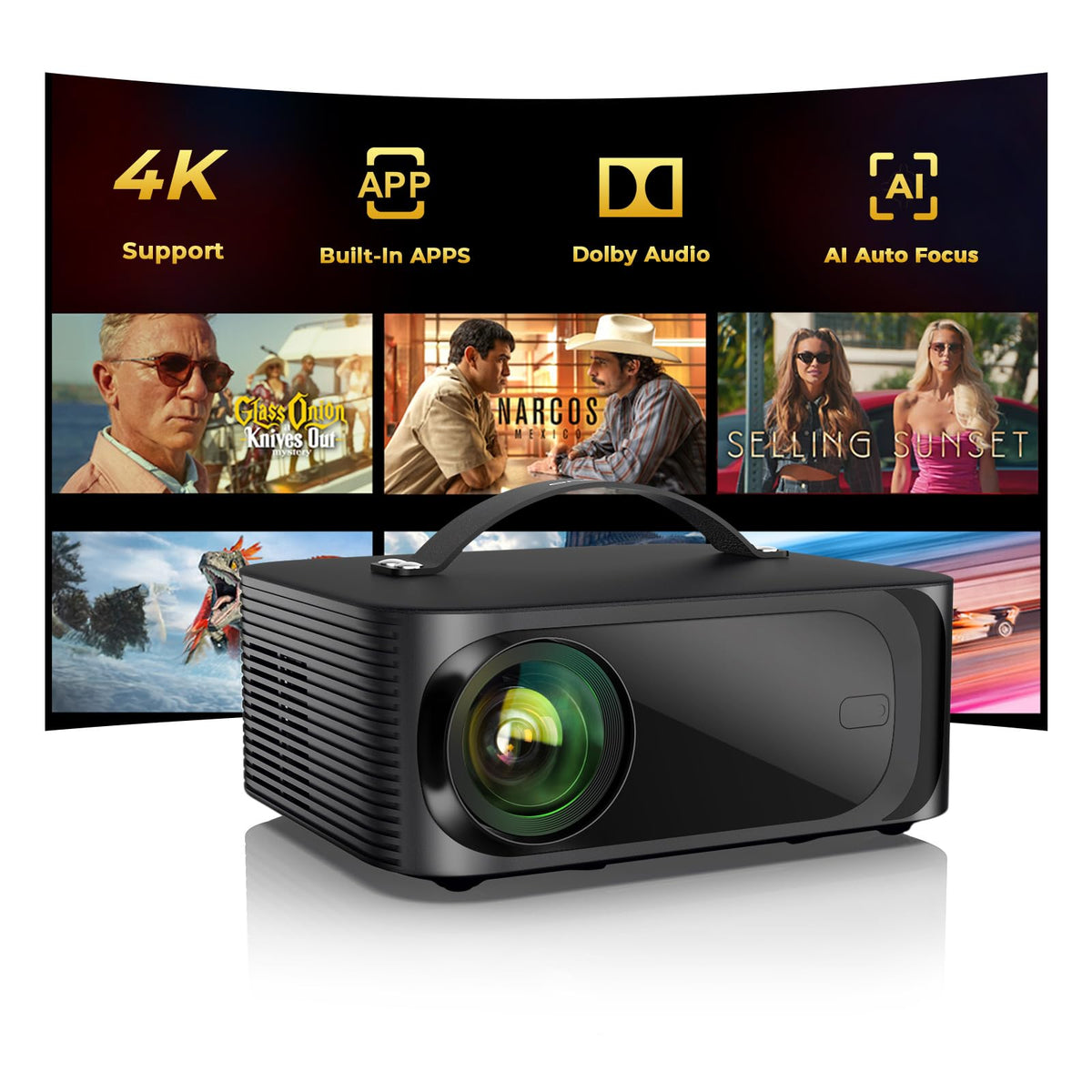 ONOAYO Outdoor-Projector-4K with AI Auto Focus,50WDolby Audio,Built-in Apps