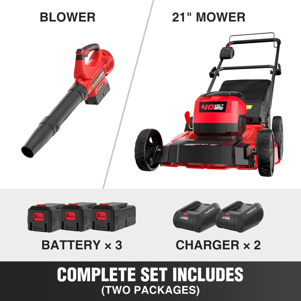 PowerSmart 40V 21" Cordless Lawn Mower + 465 CFM Leaf Blower, 3 Batteries