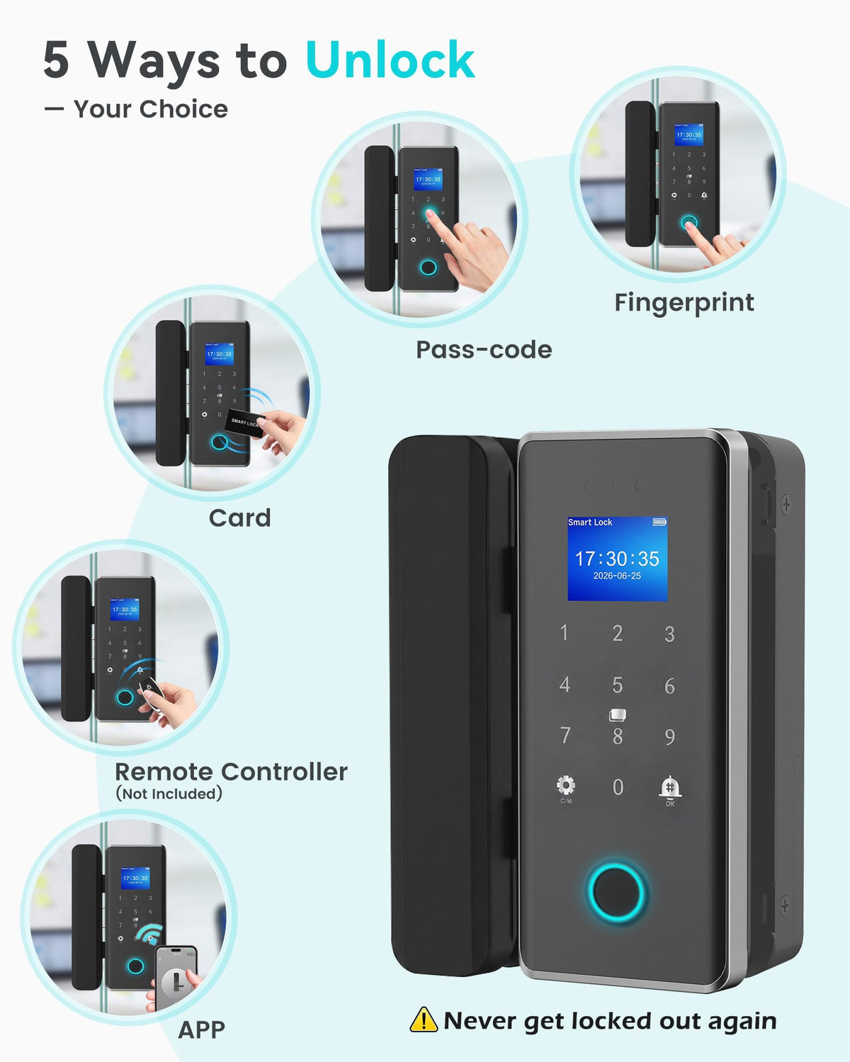 Smart Glass Door Locks for Frameless Glass Doors, No Drill Keyless Entry Gate Locks,4 in 1 Glass Locks,Fingerprint,IC Card,Password,APP, Door Lock for Office,Store,Cabinet,Shop (Zigbee)