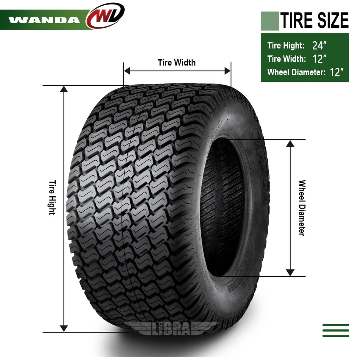 WANDA Set 2 Lawn Mower Tractor Turf Tires 24x12-12 P332 4PR