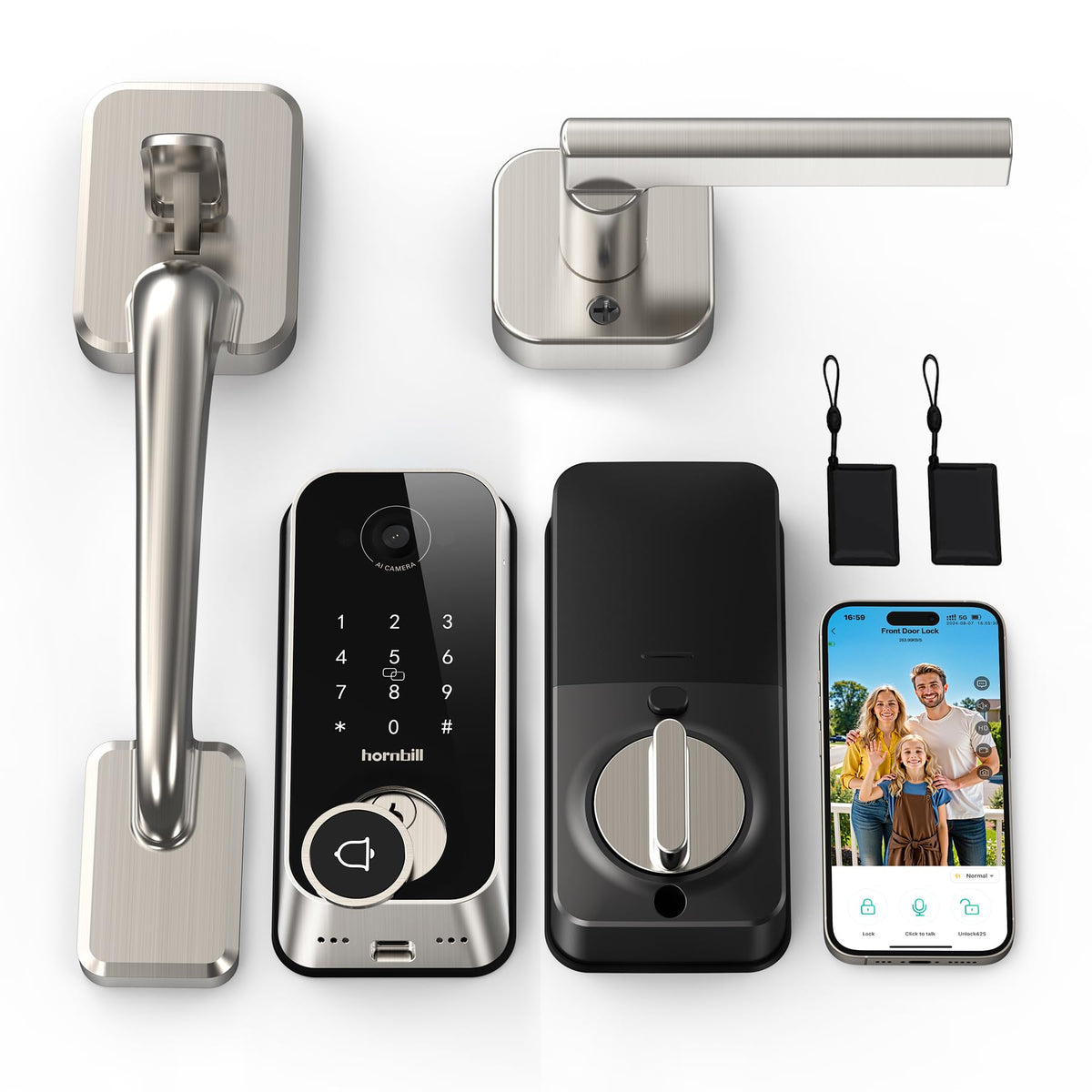 Smart Front Door Lock Sets: 2K HD Camera Lock with Doorbell Kits, Hornbill Fingerprint Keyless Entry Door Lock with Handles, WiFi Deadbolt (only 2.4G) for Remote Control, Auto Lock,Satin Nickel