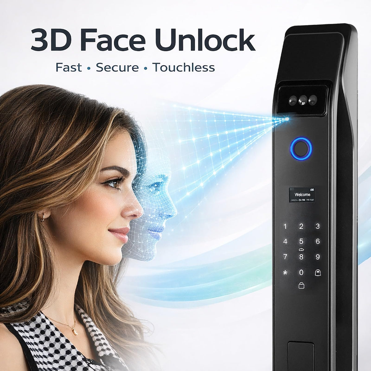 3D Face Recognition Smart Door Lock with Video Intercom, Tuya App Remote Access, Biometric Fingerprint & Palm Print Unlock, Heavy Duty Aluminum Mortise Lock for Home & Office (Black)