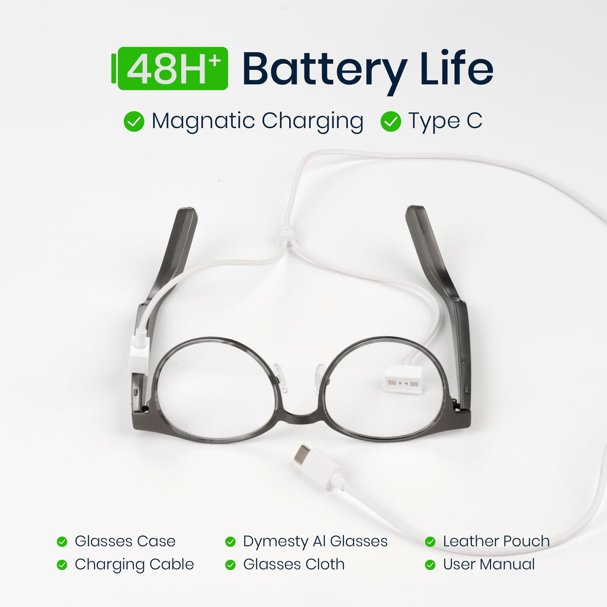 AI Smart Glasses with Real-Time Translation & Meeting Transcription Titanium Frame, Bluetooth Open-Ear Audio, Voice Recording, No Camera Privacy-First, ChatGPT & Gemini, 48H Battery,Gray