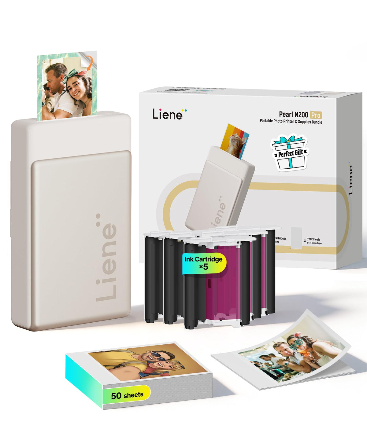 Liene Pearl N200 Pro Portable Photo Printer, Instant Mini Picture Printer for iPhone Smartphone, Thermal Dye Sublimation, Bluetooth Sticker Printer 50 Sheets 2x3 Adhesive Paper & 5 Cartridges, Purple