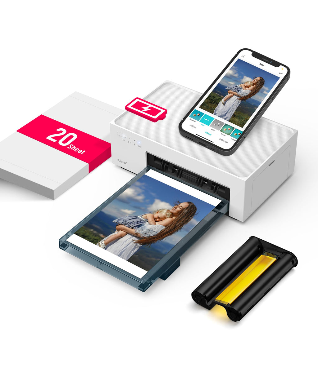 Liene White M200 4x6'' Photo Printer Battery Edition, Wireless Photo Printer for iPhone Android, Dye Sublimation Printing Full-Color Photo 20-Sheet, Portable Picture Printer Ideal for Travel Home Use